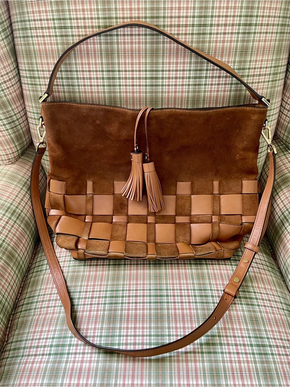 Michael Kors Brown Woven Suede & Leather Shoulder Bag / Hanbdag with Tassel